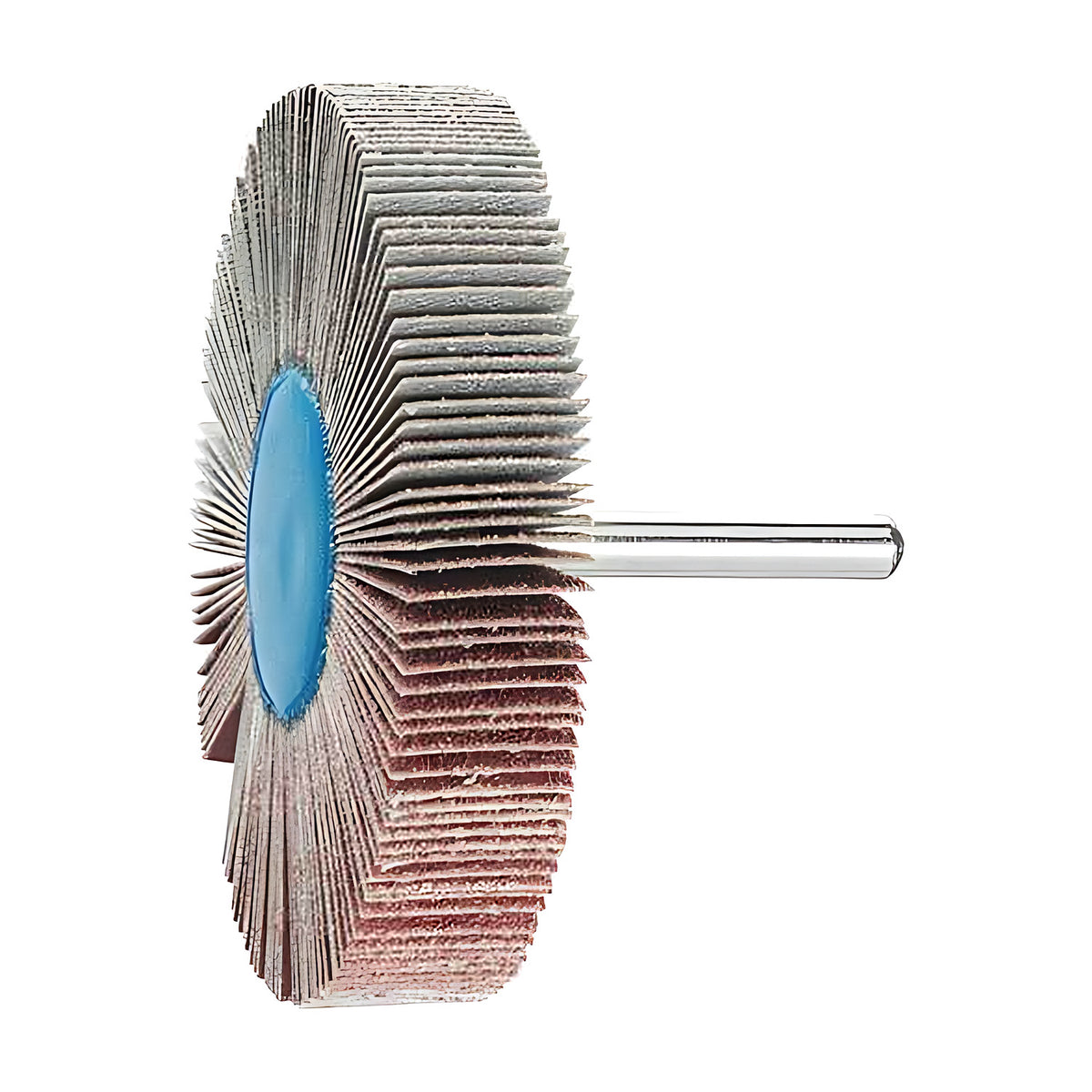 Pferd fan grinder 80 x 15 mm, aluminium oxide flap wheel with maroon and grey flaps on a silver shank, product view 2 of 3, turned slightly, flap edges visible at left