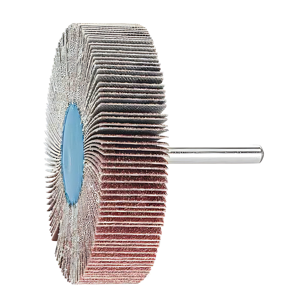 Pferd fan grinder 80 x 20 mm, aluminium oxide flap wheel with maroon and grey flaps on a silver shank, product view 2 of 3, turned slightly, flap edges visible at left