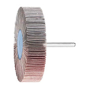Pferd fan grinder 80 x 20 mm, aluminium oxide flap wheel with maroon and grey flaps on a silver shank, product view 1 of 3, face-on, hub centred left