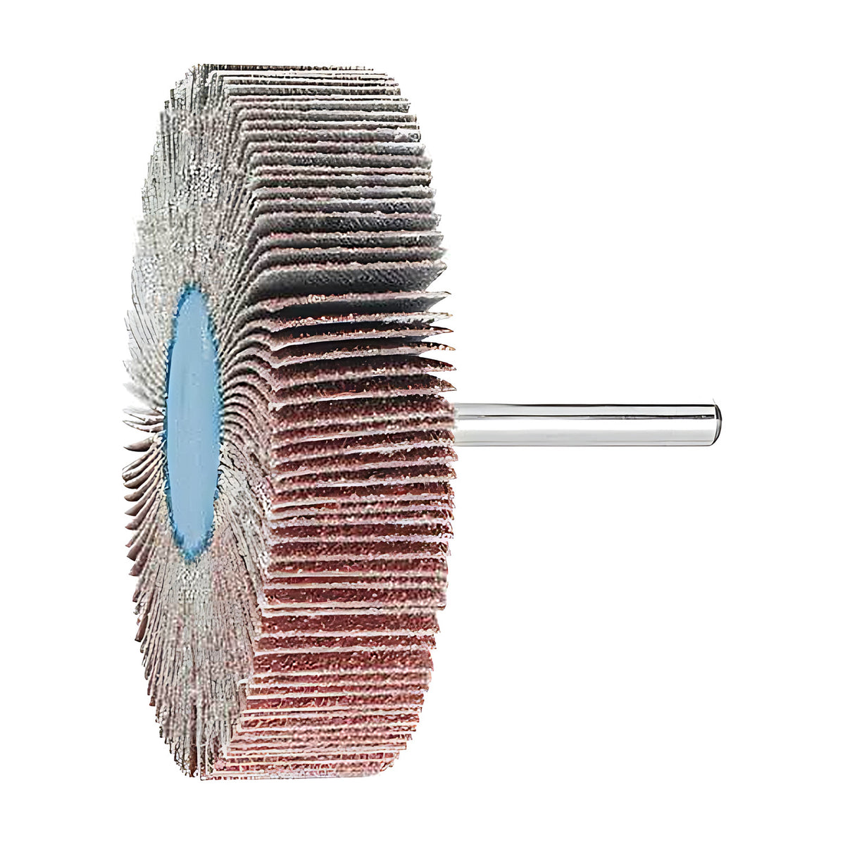 Pferd fan grinder 80 x 20 mm, aluminium oxide flap wheel with maroon and grey flaps on a silver shank, product view 3 of 3, turned further, tight fan of flaps