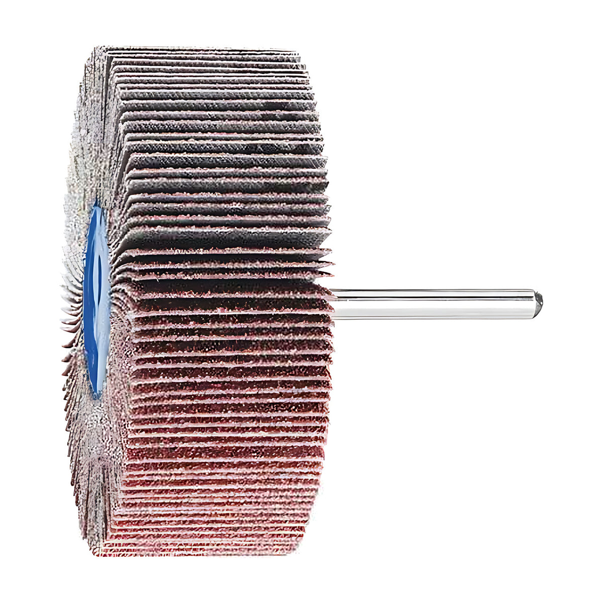 Pferd fan grinder 80 x 30 mm, aluminium oxide flap wheel with maroon and grey flaps on a silver shank, product view 2 of 6, slightly rotated, blue hub at left