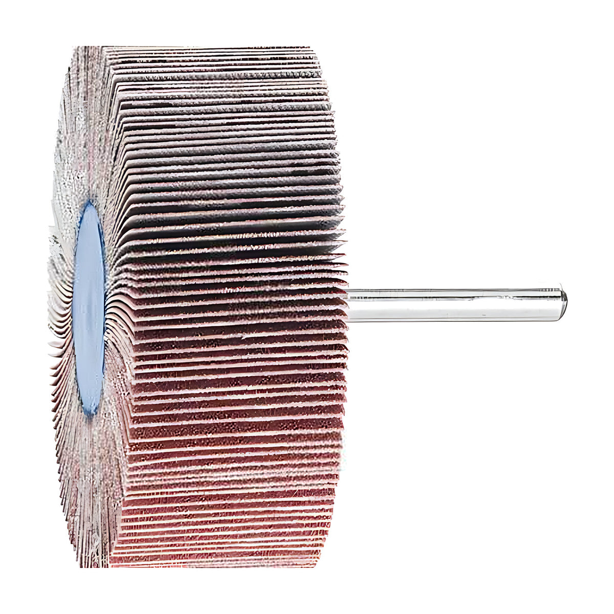 Pferd fan grinder 80 x 30 mm, aluminium oxide flap wheel with maroon and grey flaps on a silver shank, product view 4 of 6, wide face, blue hub at left