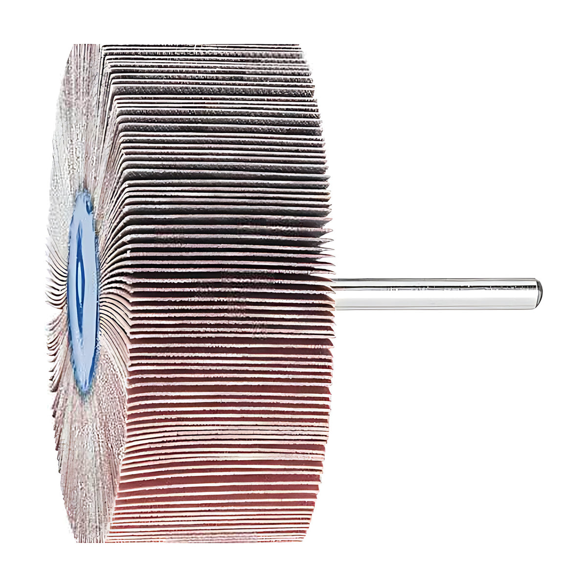 Pferd fan grinder 80 x 30 mm, aluminium oxide flap wheel on a silver shank, view 6 of 6, tilted face, blue hub, shank on the right