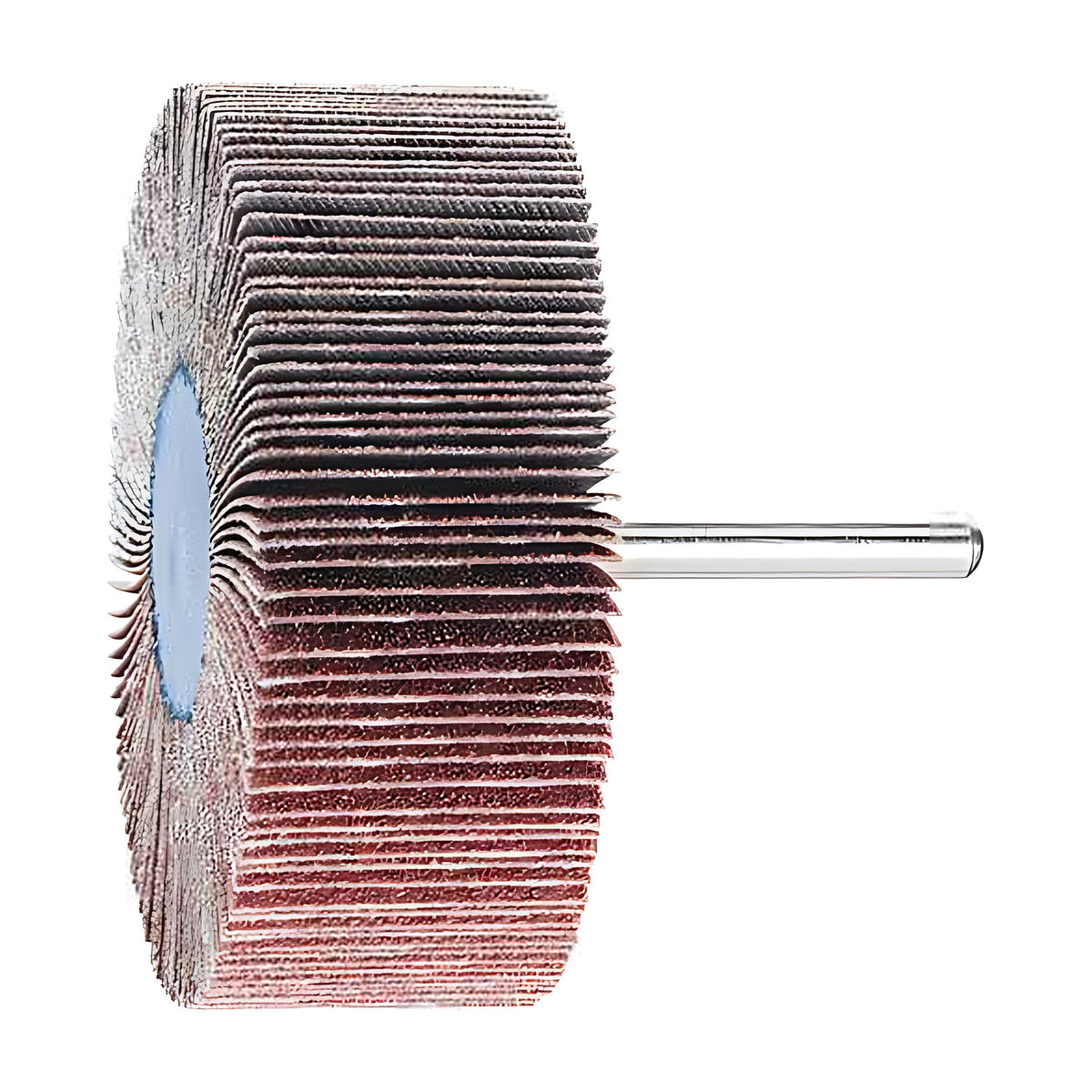 Pferd fan grinder 80 x 30 mm, aluminium oxide flap wheel with maroon and grey flaps on a silver shank, product view 3 of 6, flaps mostly red with a dark upper band