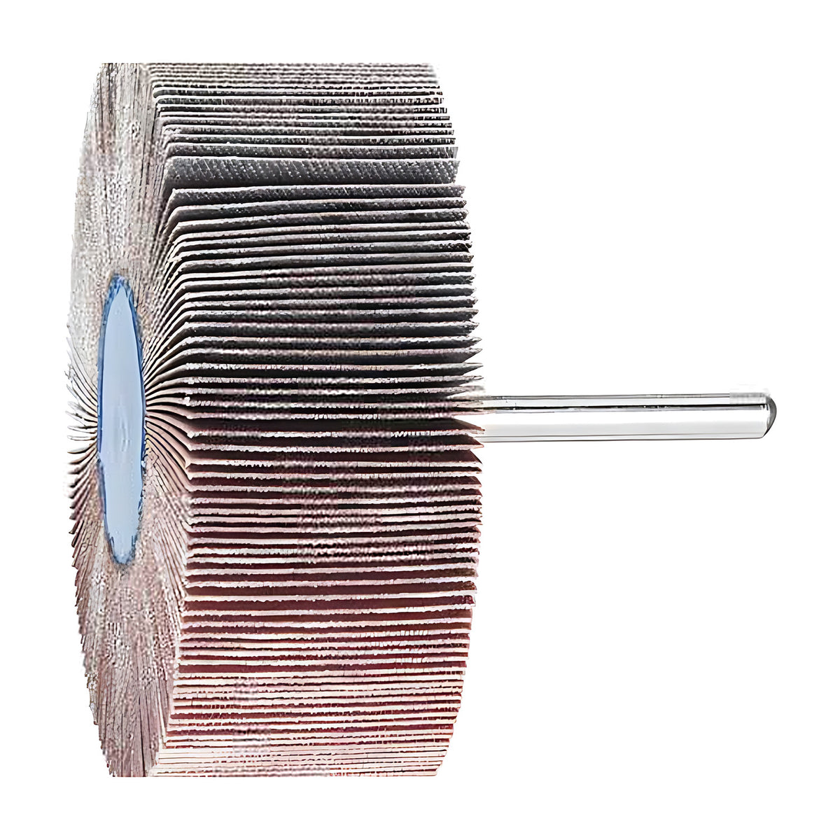Pferd fan grinder 80 x 30 mm, aluminium oxide flap wheel with maroon and grey flaps on a silver shank, product view 5 of 6, lighter grey flap edges, hub at left