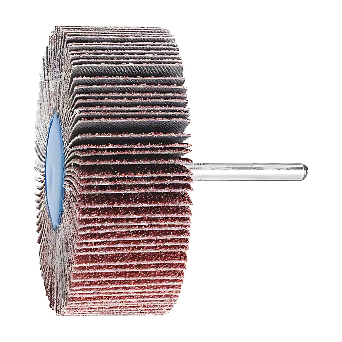 Pferd fan grinder 80 x 30 mm, aluminium oxide flap wheel on a silver shank, view 1 of 6, dark upper flaps over red, blue hub at left