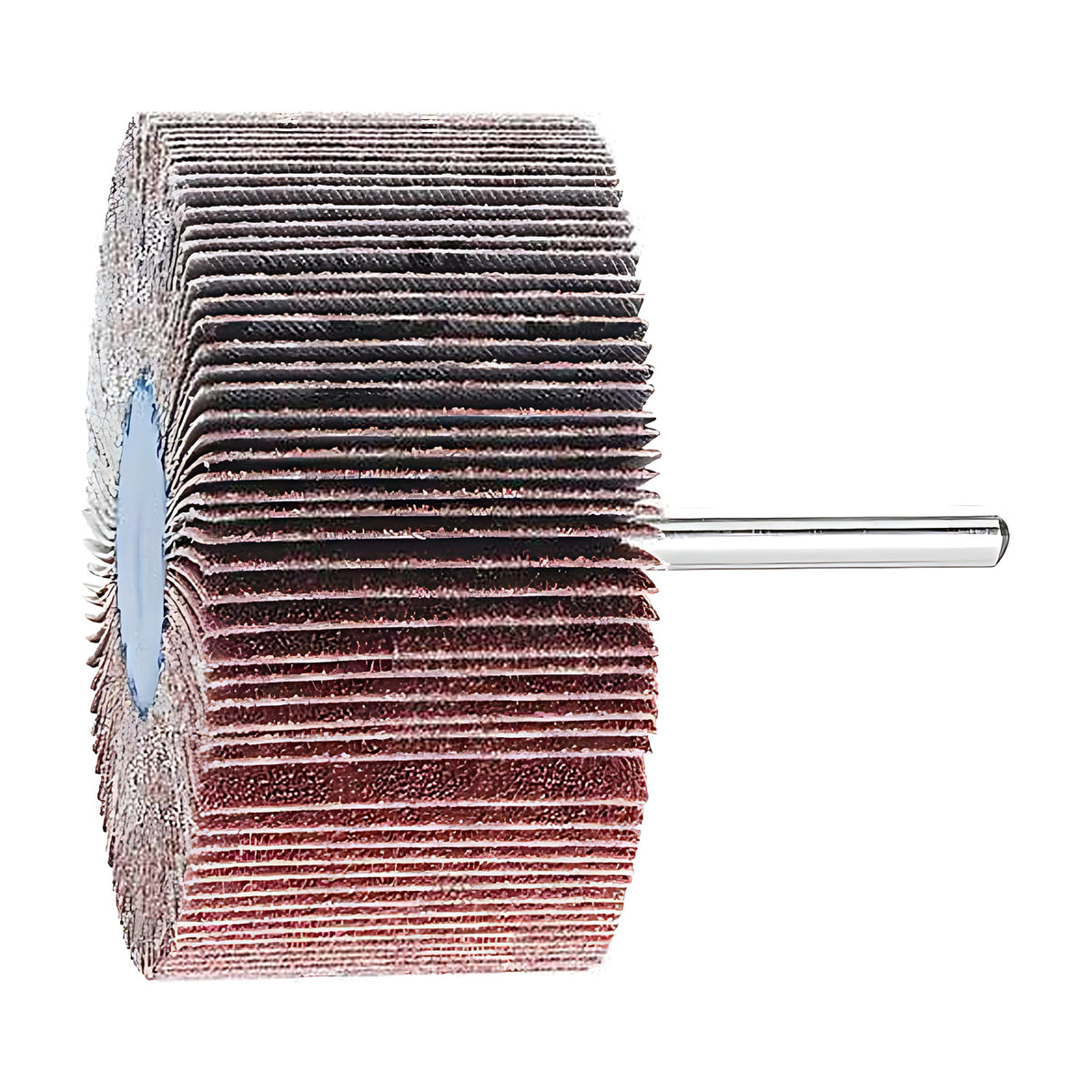 Pferd fan grinder 80 x 40 mm, aluminium oxide flap wheel with maroon and grey flaps on a silver shank, product view 1 of 4, dark upper flaps over red lower flaps