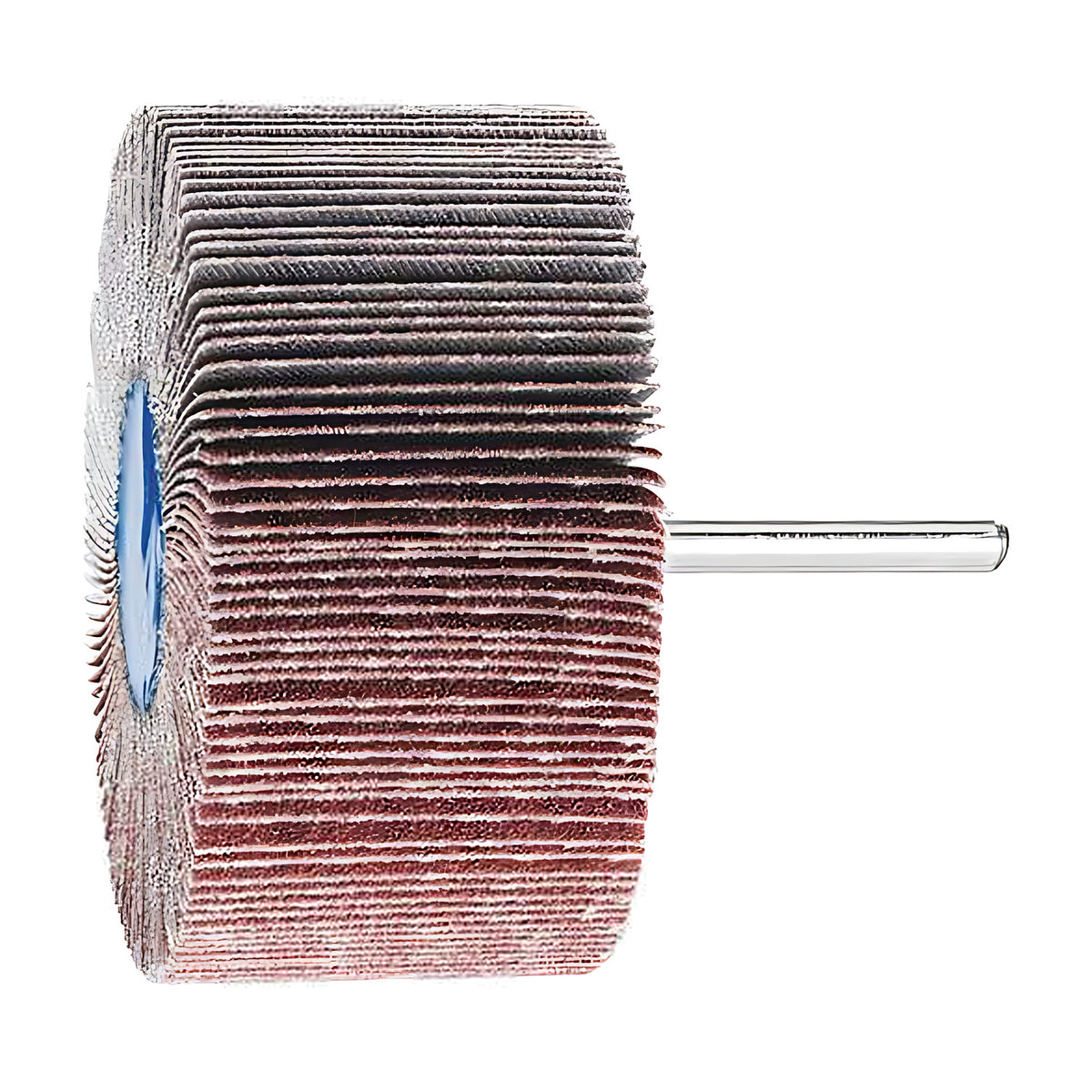 Pferd fan grinder 80 x 40 mm, aluminium oxide flap wheel with maroon and grey flaps on a silver shank, product view 2 of 4, blue hub at left, shank right