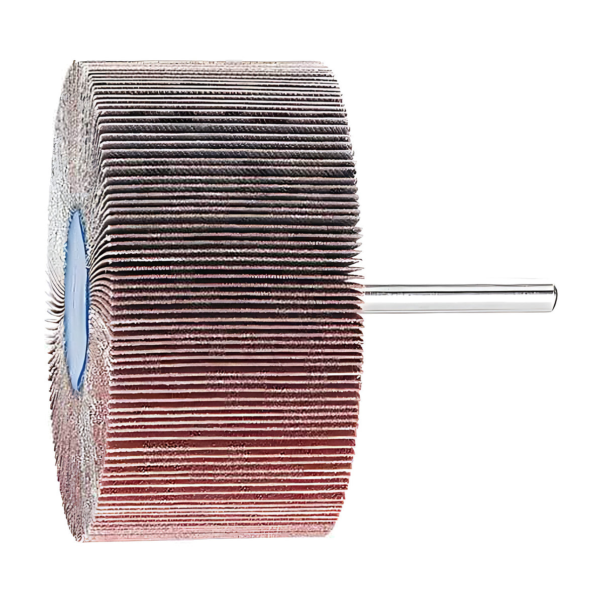 Pferd fan grinder 80 x 40 mm, aluminium oxide flap wheel with maroon and grey flaps on a silver shank, product view 4 of 4, uniform dark flap face, shank at right
