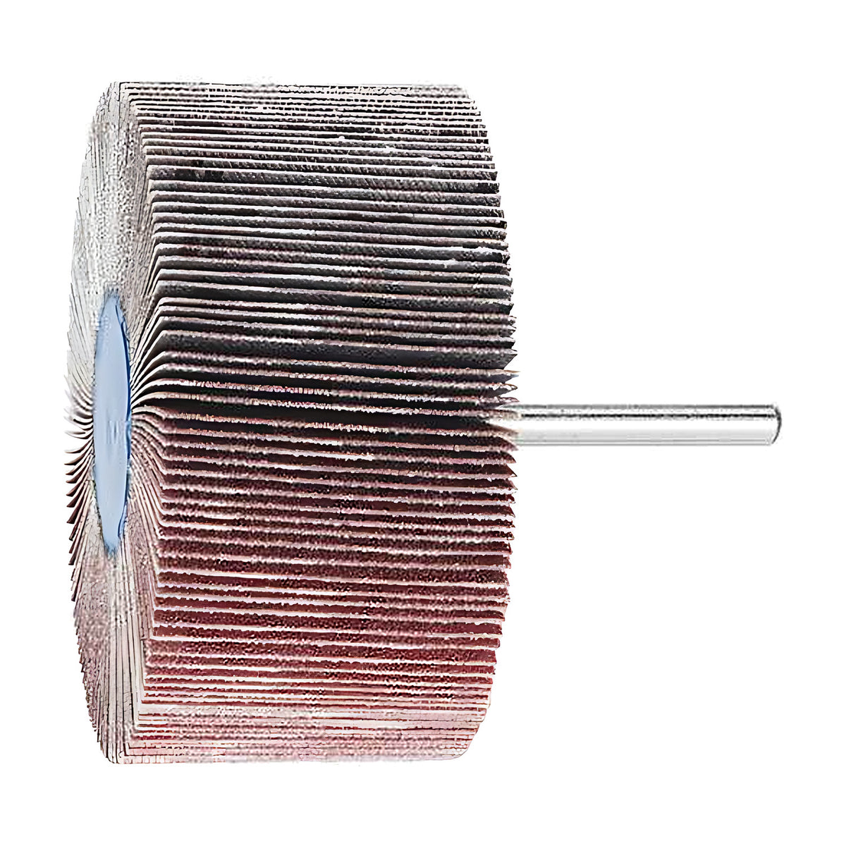 Pferd fan grinder 80 x 40 mm, aluminium oxide flap wheel with maroon and grey flaps on a silver shank, product view 3 of 4, broad dark band across the flaps