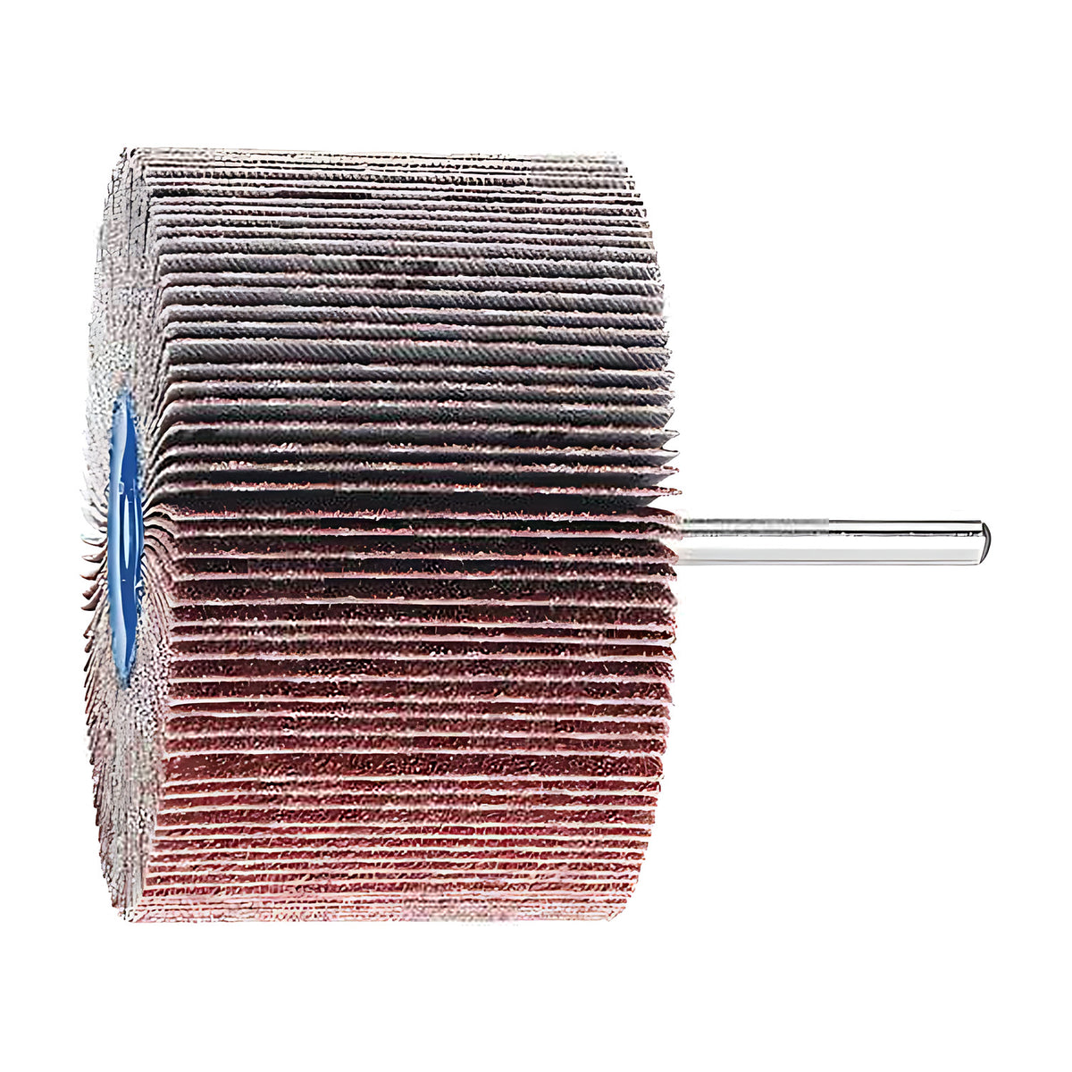 Pferd fan grinder 80 x 50 mm, aluminium oxide flap wheel with maroon and grey flaps on a silver shank, product view 2 of 7, slightly rotated, blue hub at left