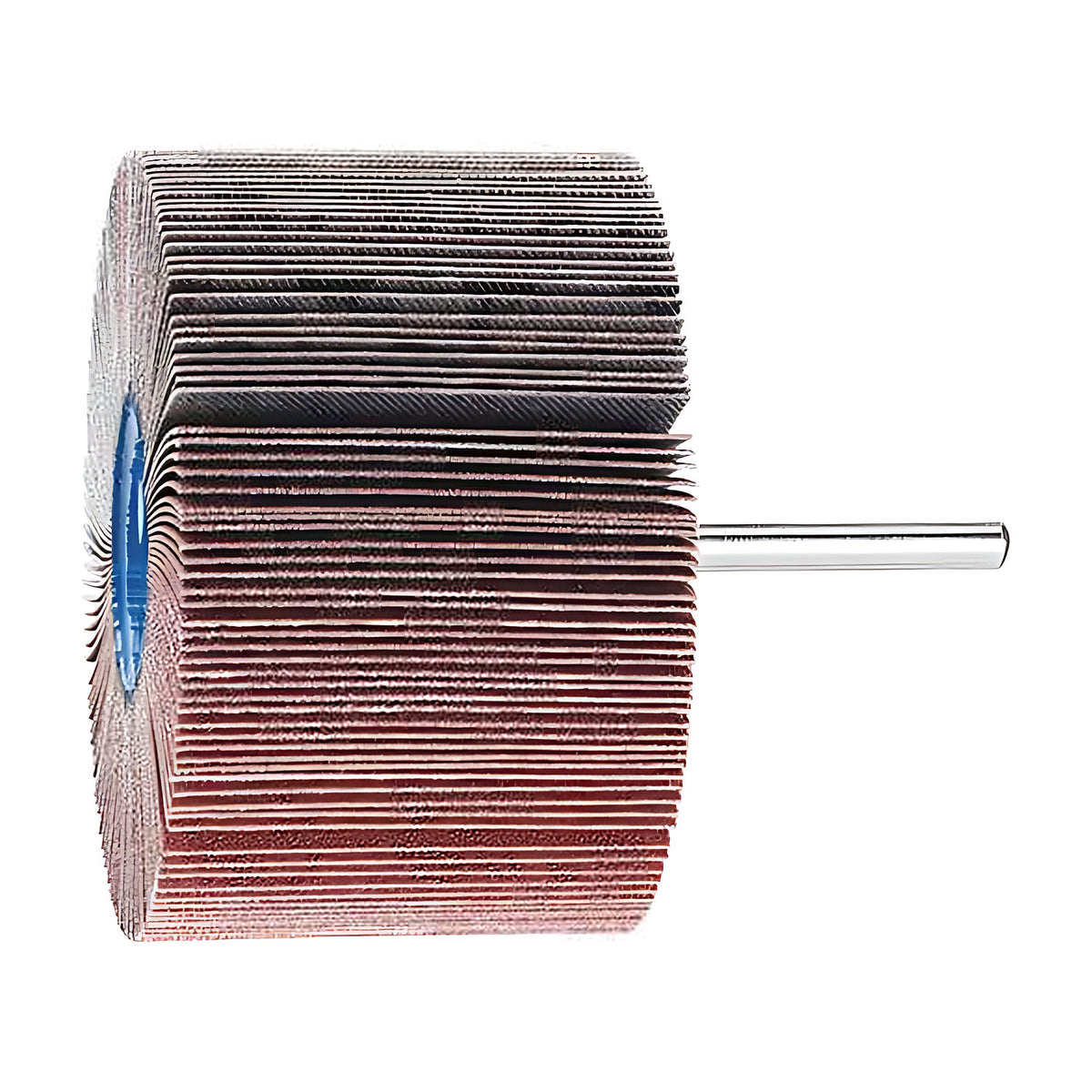 Pferd fan grinder 80 x 50 mm, aluminium oxide flap wheel with maroon and grey flaps on a silver shank, product view 5 of 7, dark band and red lower flaps, shank right