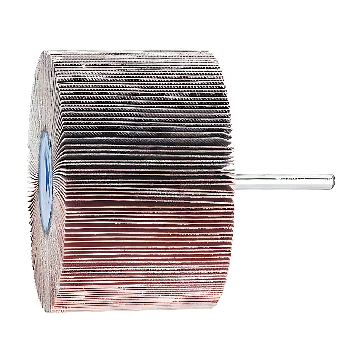 Pferd fan grinder 80 x 50 mm, aluminium oxide flap wheel with maroon and grey flaps on a silver shank, product view 6 of 7, grey top flaps over red lower flaps