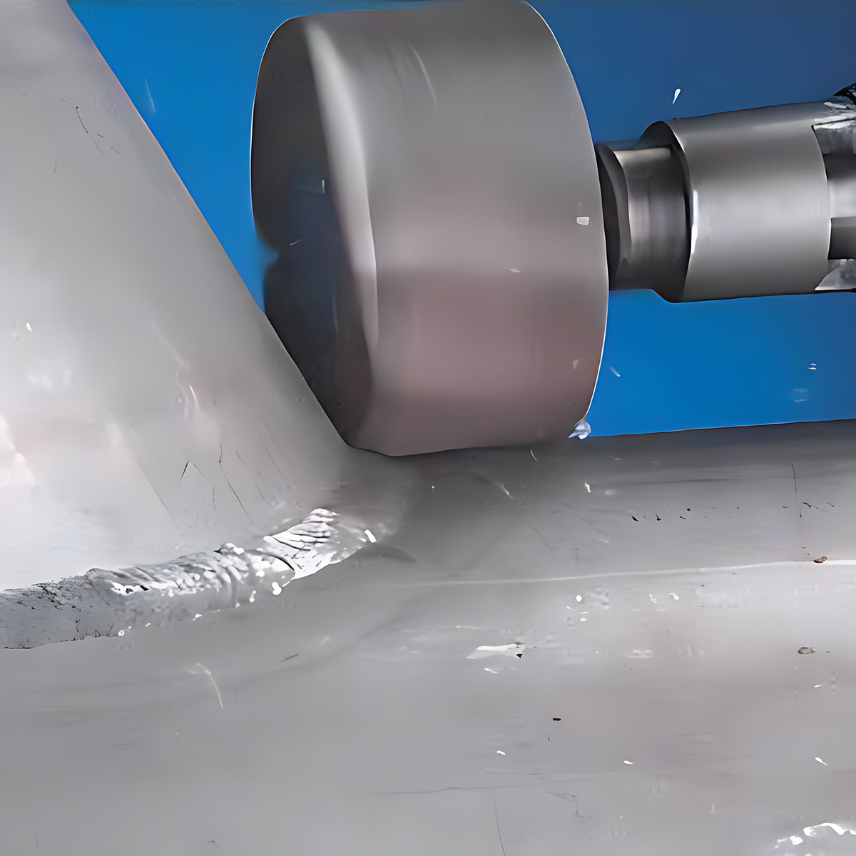 Pferd Z-COOL fan grinder on a die grinder cleaning a weld bead on a grey metal surface, blue background
