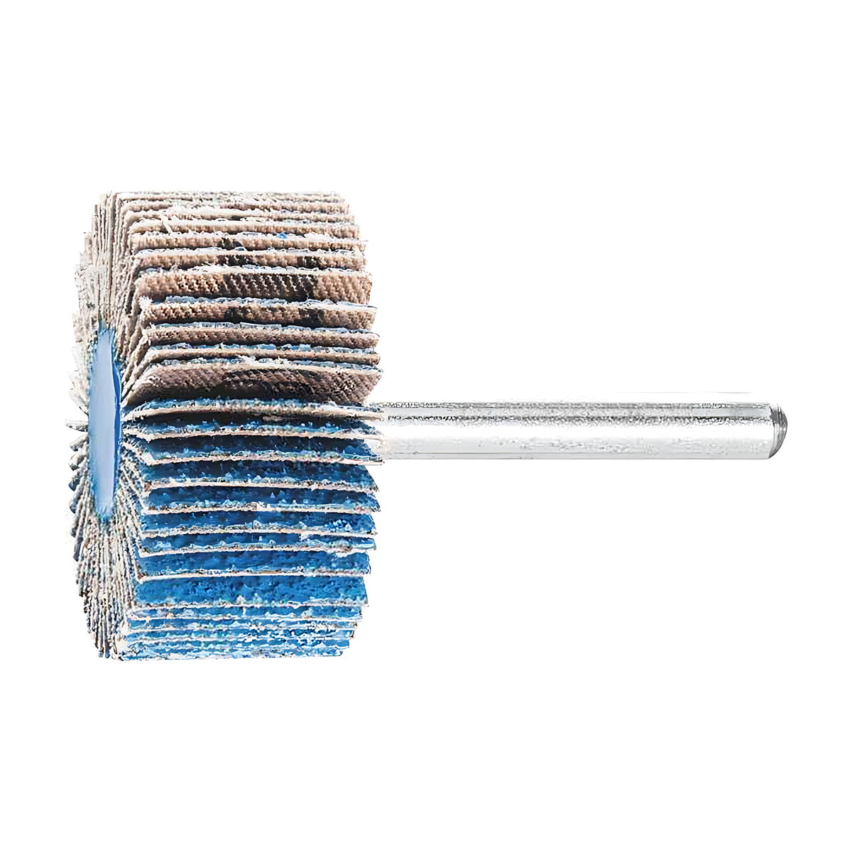 Pferd Z-COOL zirconia alumina fan grinder, grits 60 and 80, mid-size wheel, blue flaps with dark upper band, silver shank, side view