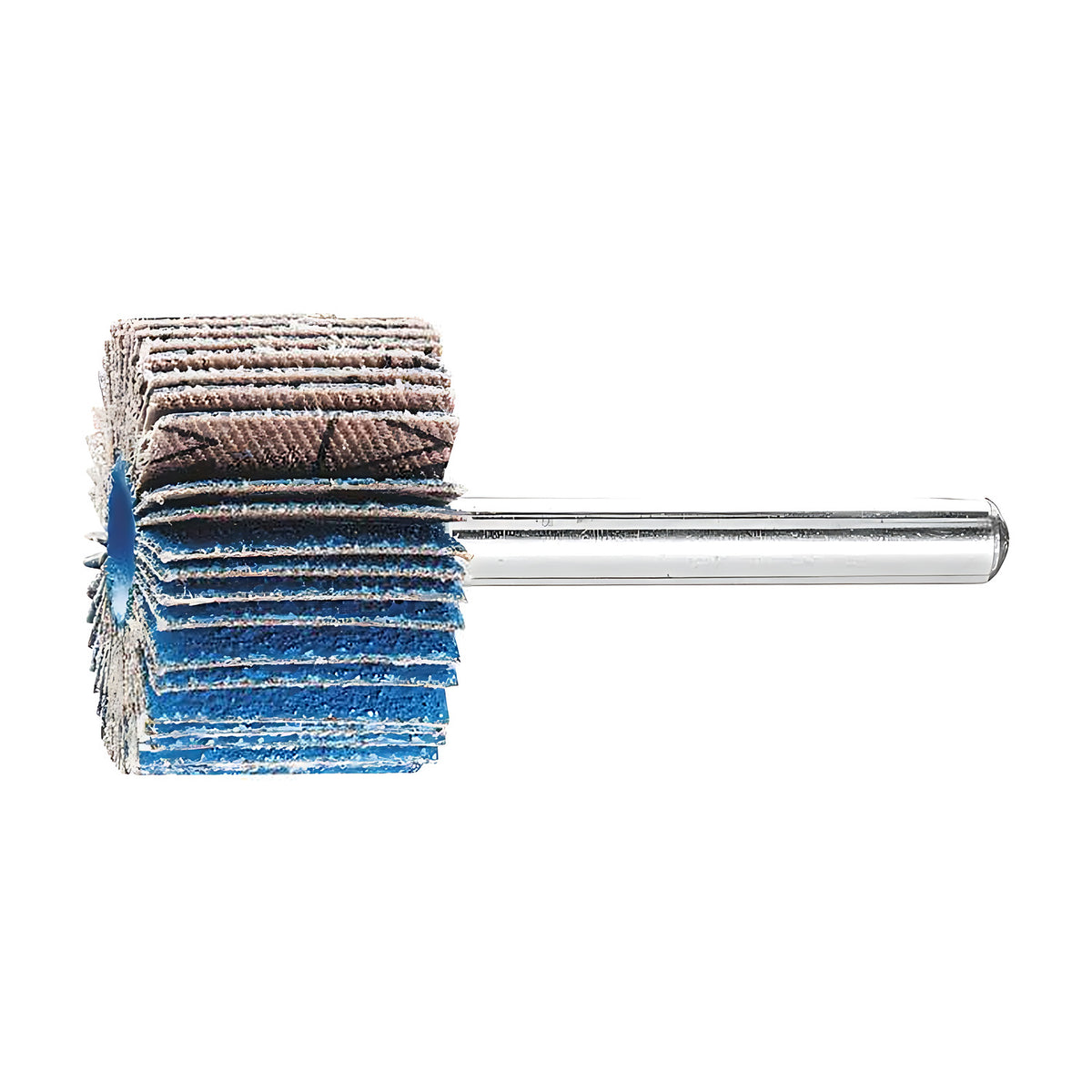 Pferd Z-COOL zirconia alumina fan grinder, grits 60 and 80, short wheel with a dark band across the upper flaps, silver shank, side view