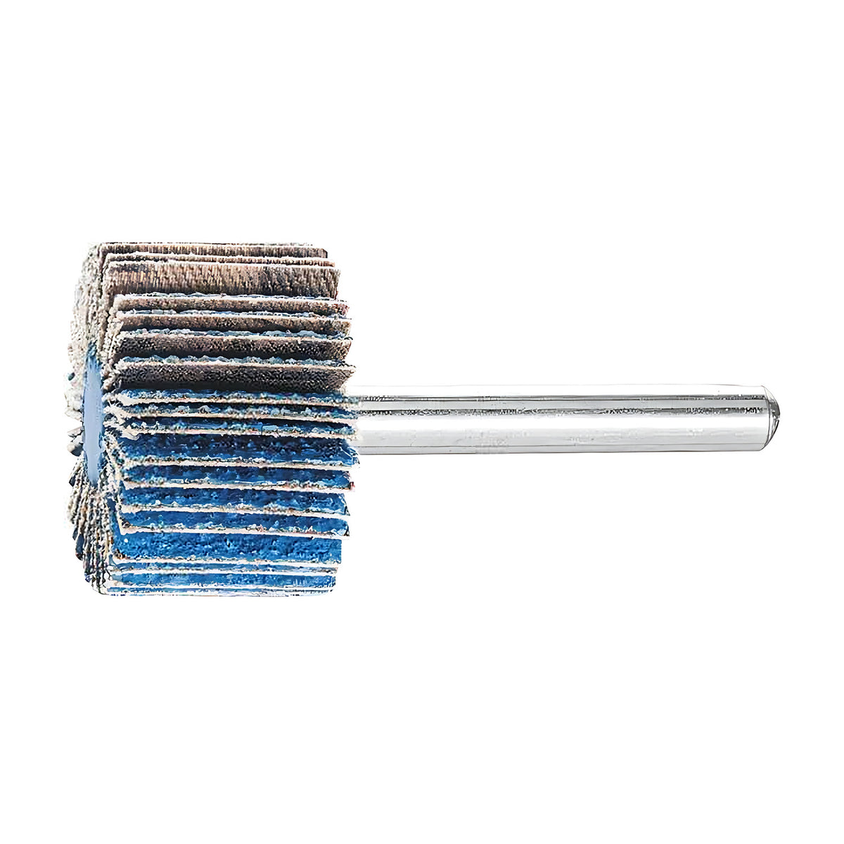 Pferd Z-COOL zirconia alumina fan grinder, grits 60 and 80, short wheel, blue flaps under grey upper flaps, silver shank, side view