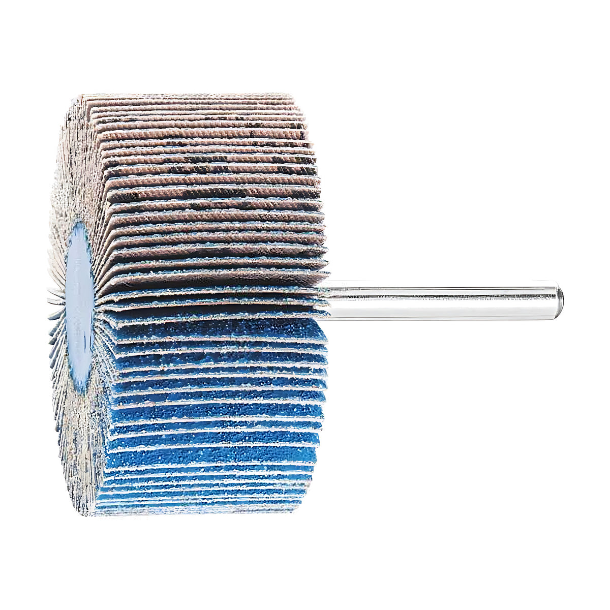 Pferd Z-COOL zirconia alumina fan grinder, grits 60 and 80, largest wheel of the set, blue flaps under brown upper flaps, silver shank, side view
