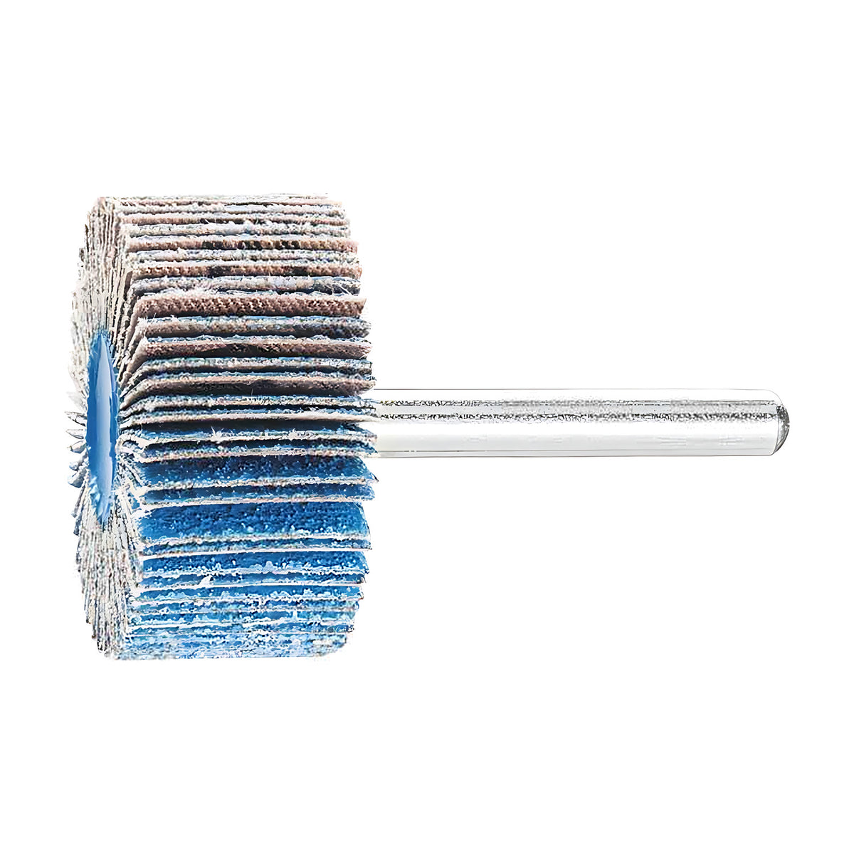 Pferd Z-COOL zirconia alumina fan grinder, grits 60 and 80, slightly smaller wheel, blue flaps and pale hub, silver shank, side view