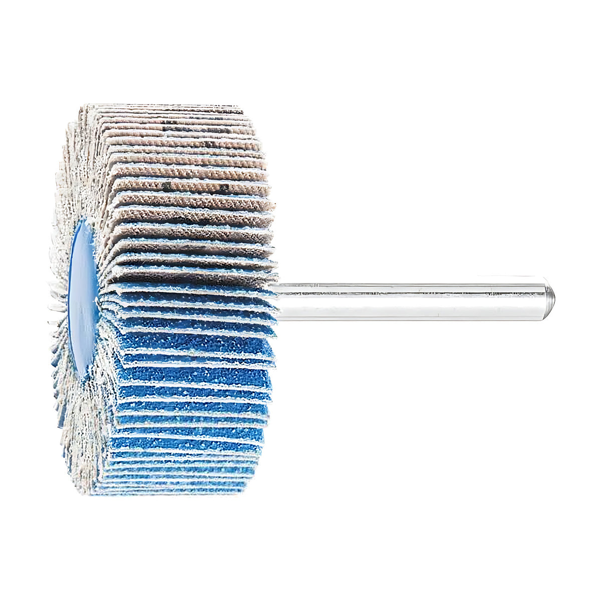 Pferd Z-COOL zirconia alumina fan grinder, grits 60 and 80, taller wheel, bright blue lower flaps, silver shank, side view