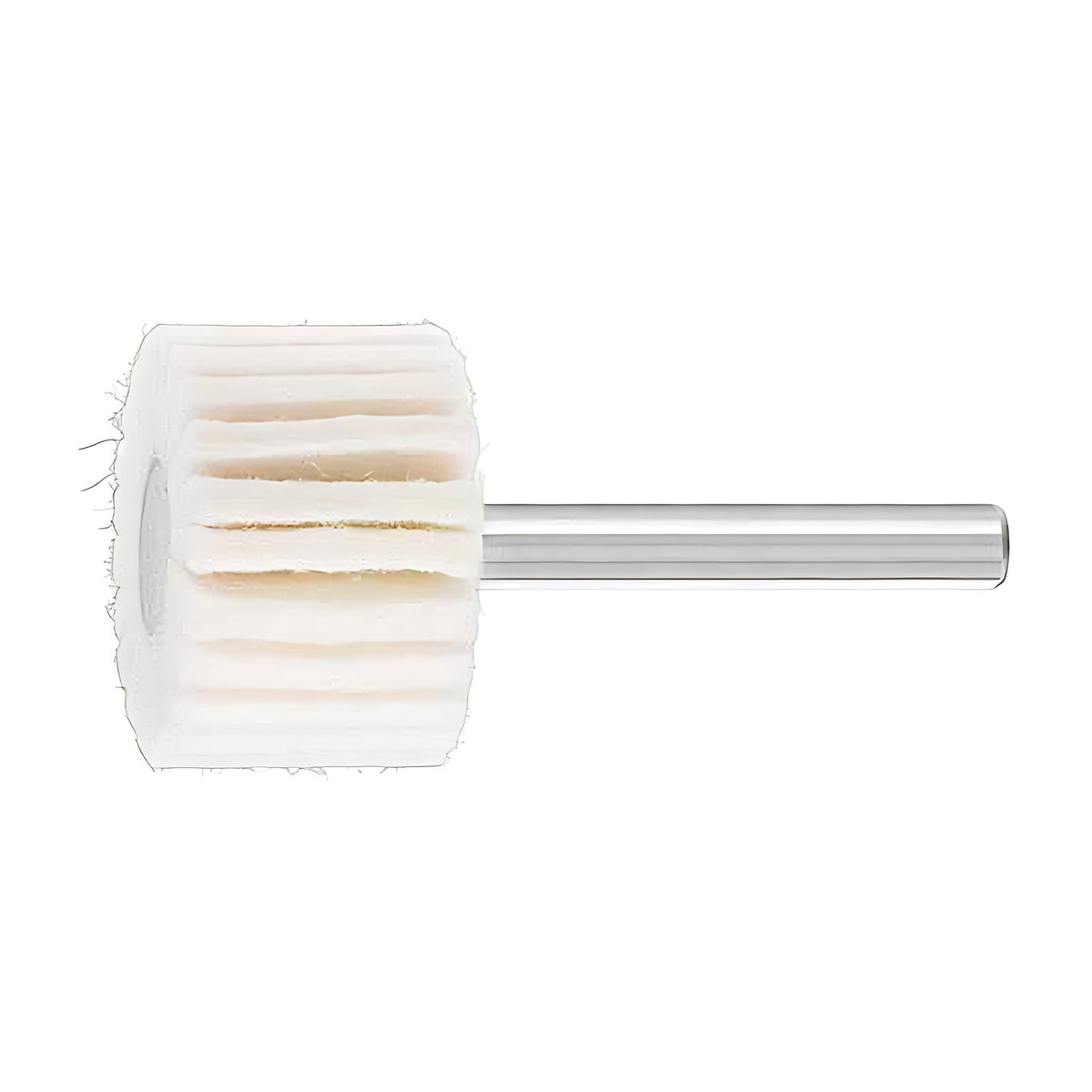 Pferd FLS soft (W) felt fan grinder, white felt flaps on a silver shank, size 1 of 5, smallest of five, short cylinder with a large centre hole