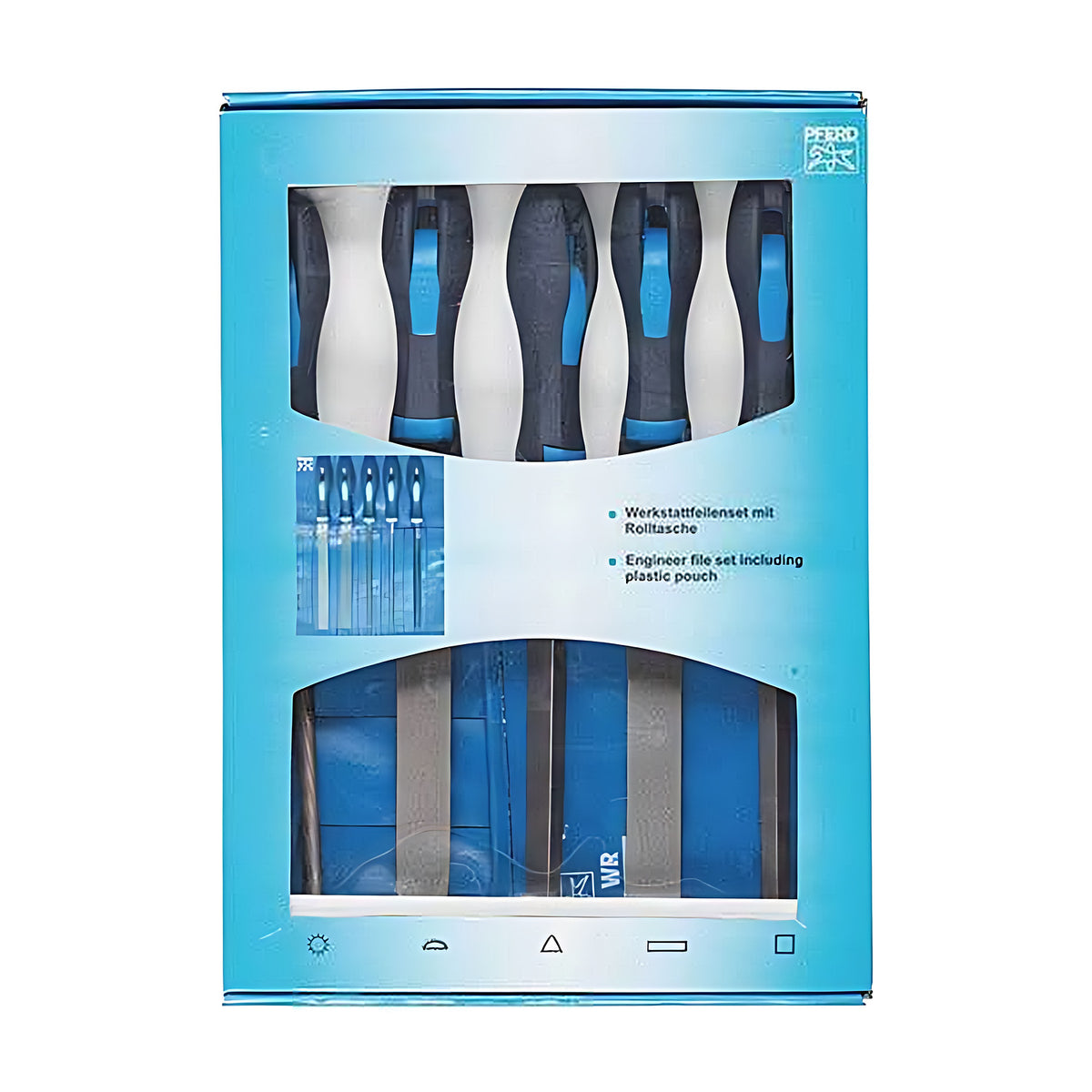 Pferd WRU 5 piece machinist's file set, blue retail box with clear window showing file handles above and a pouch below, front view