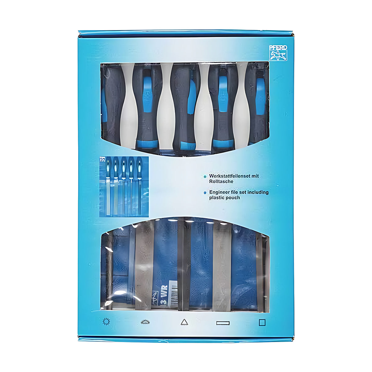 Pferd WRU file set box, blue pack with a pouch label reading 3 WR beside the window and file handles at the top