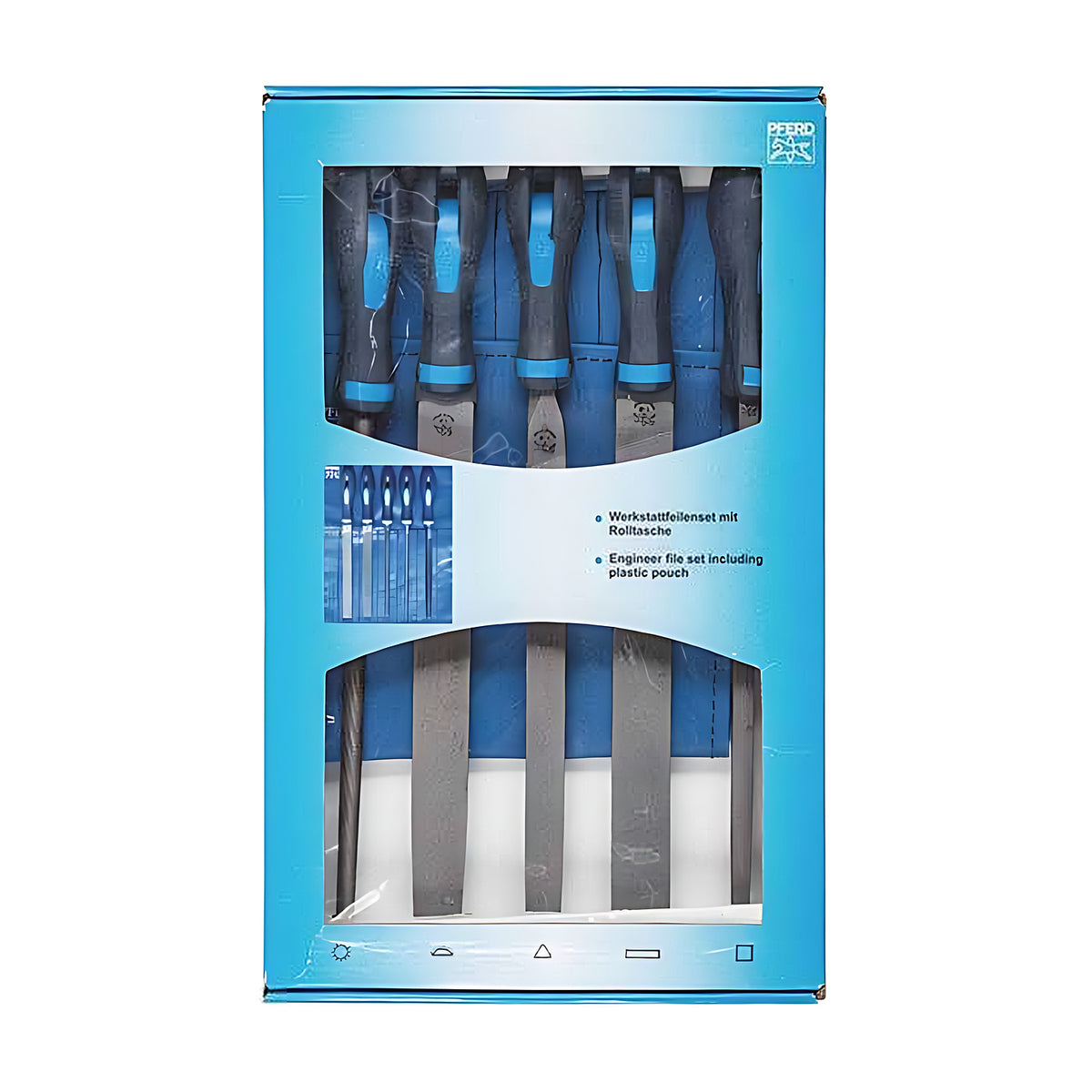 Pferd WRU 5 piece machinist's file set, larger blue window box with dark blue and white file handles and a file pouch, front view