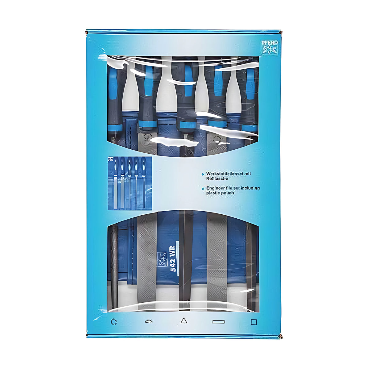 Pferd WRU file set box with glossy film glare, pouch showing a 542 WR label under the handles, blue pack
