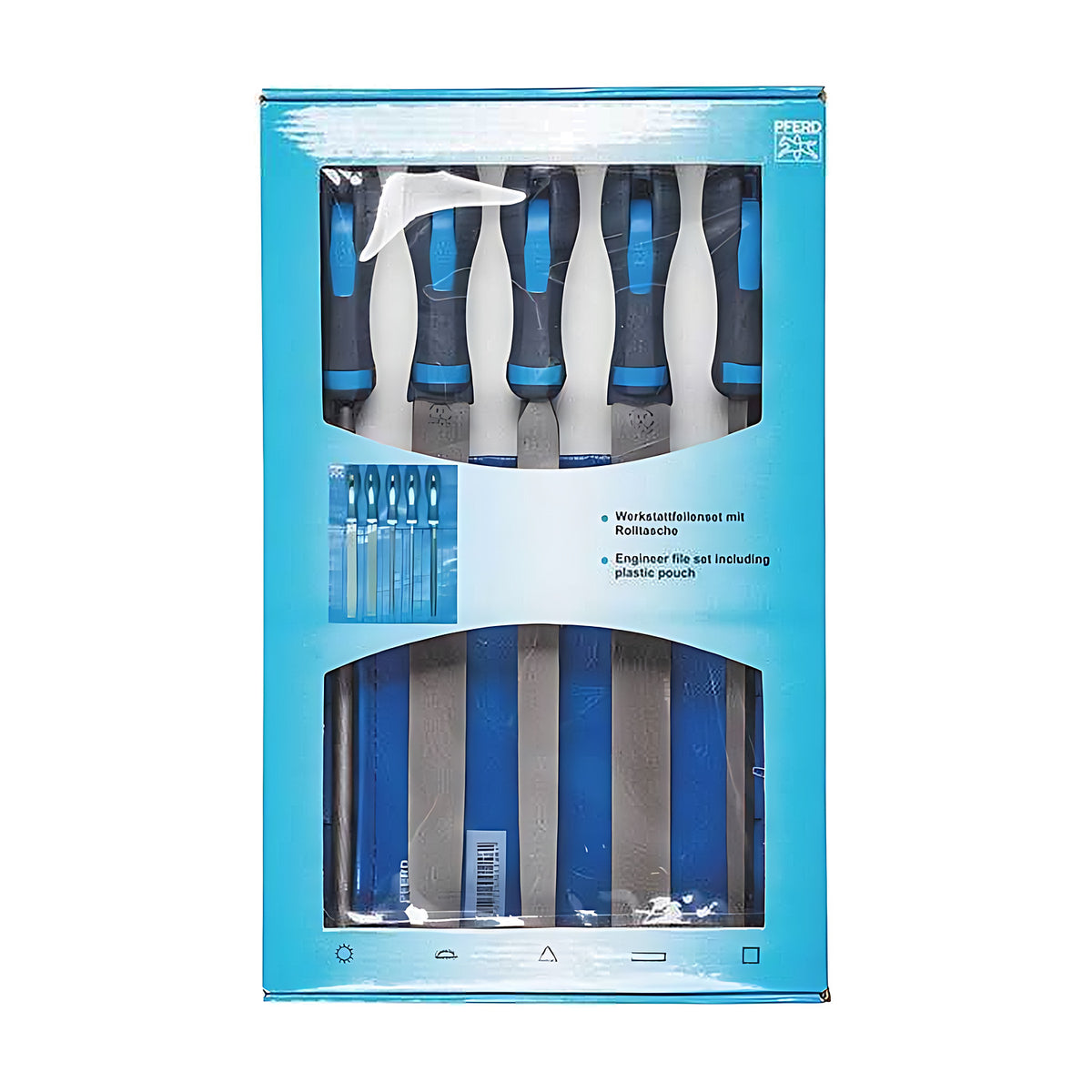 Pferd WRU file set box, blue pack with creased clear film over the handles and a striped blue pouch below