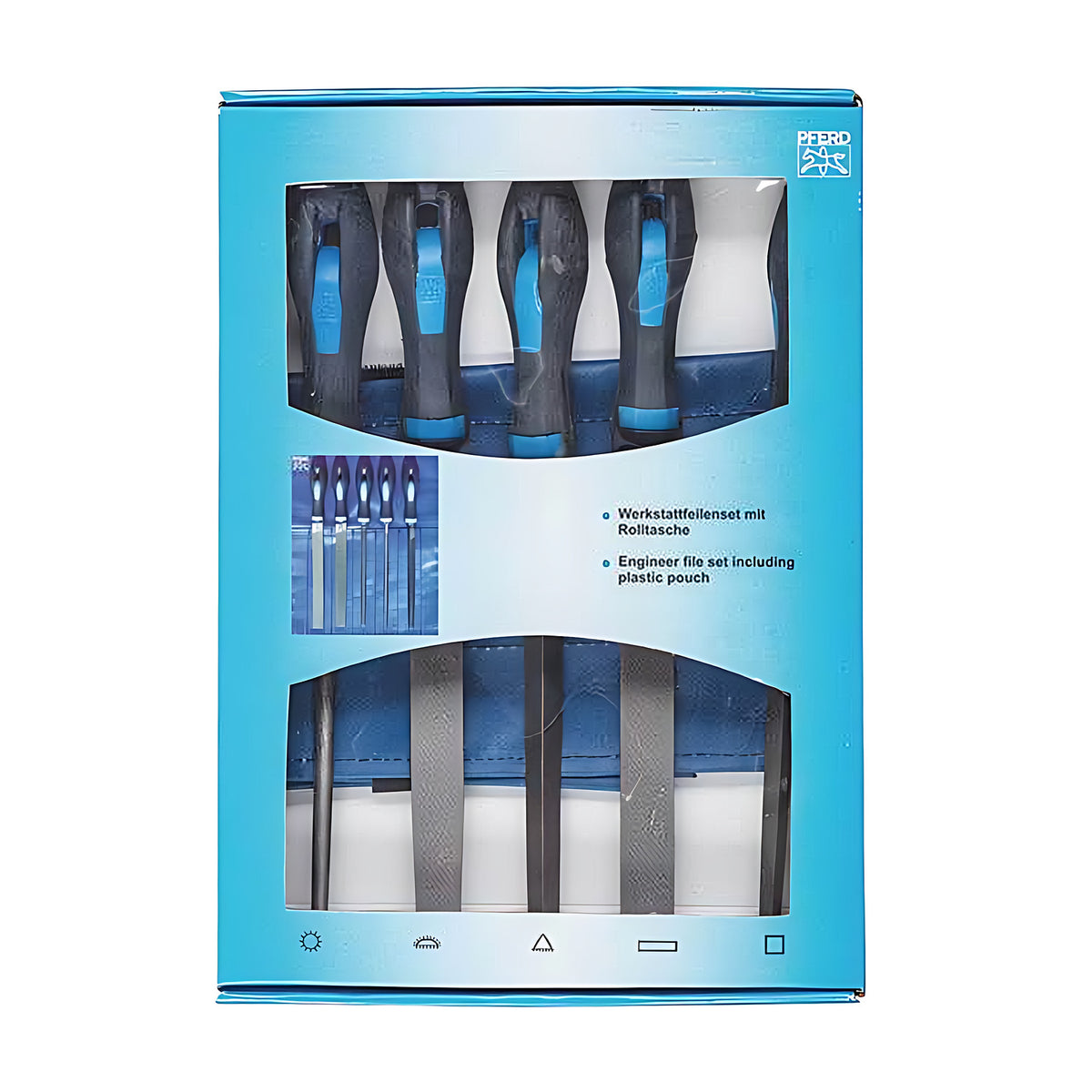 Pferd WRU file set box, slightly angled blue pack with five dark-blue and white handles at the top and a blue pouch below