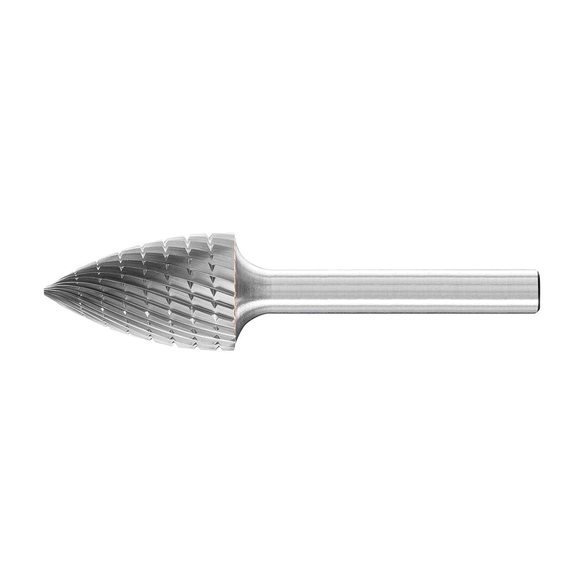 Pferd flame shape burr B MX NCC 15.9 x 36.5 mm, large pointed flame head on a necked shank, side view