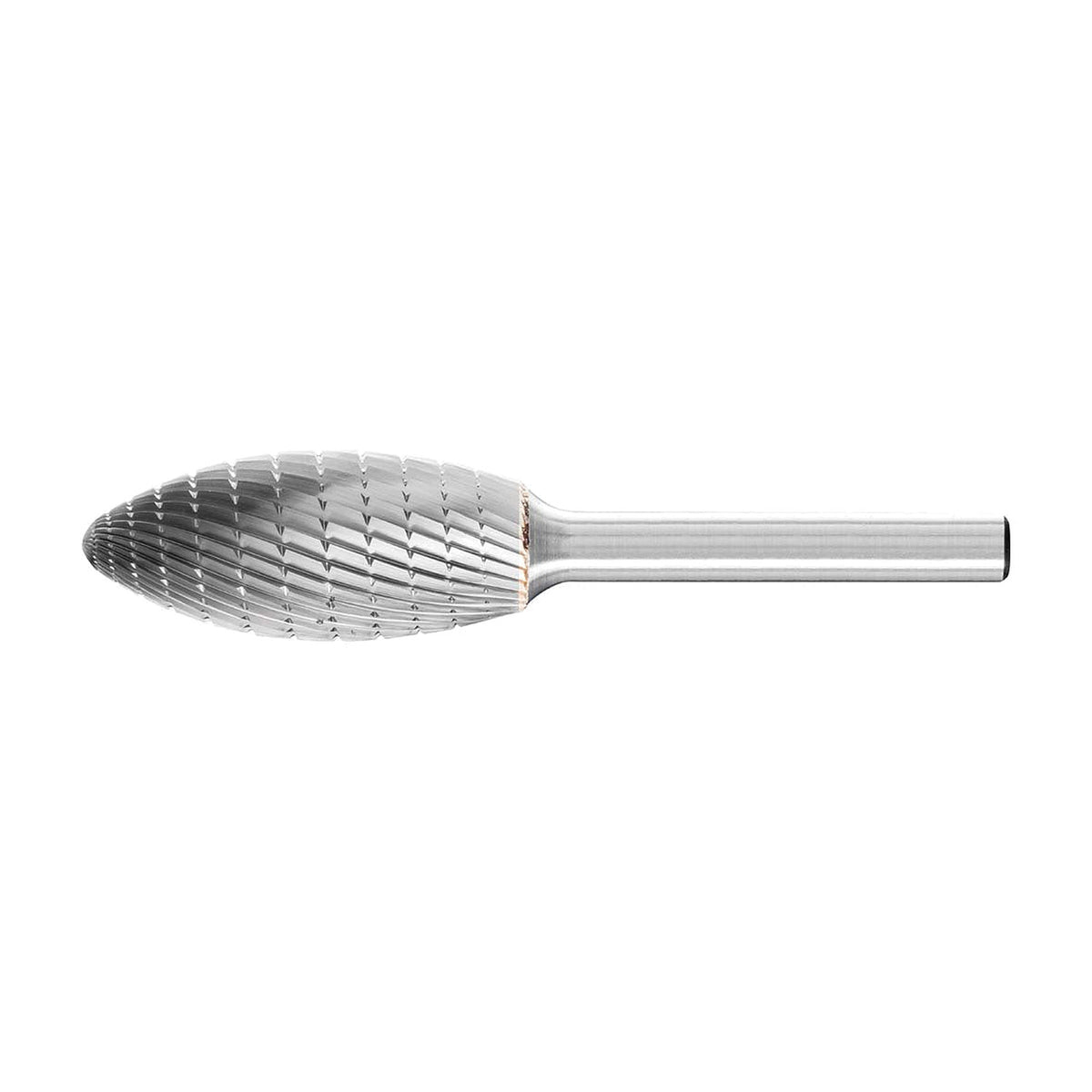 Pferd flame shape burr B MX NCC 6 mm shank, larger flame head with diagonal diamond teeth, side view on white