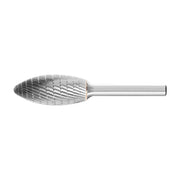 Pferd flame shape burr B MX NCC 6 mm shank, larger flame head with diagonal diamond teeth, side view on white