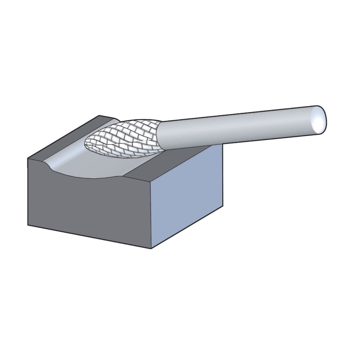 Pferd flame shape burr B MX NCC 6 mm shank, illustration of the flame head grinding a curved recess in a block