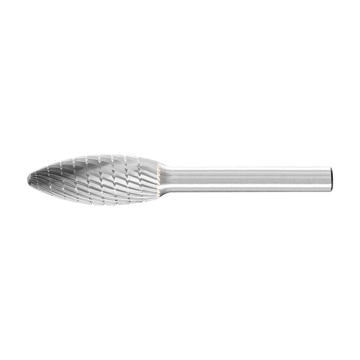 Pferd flame shape burr B MX NCC 6 mm shank, smaller flame head with diagonal diamond teeth, side view