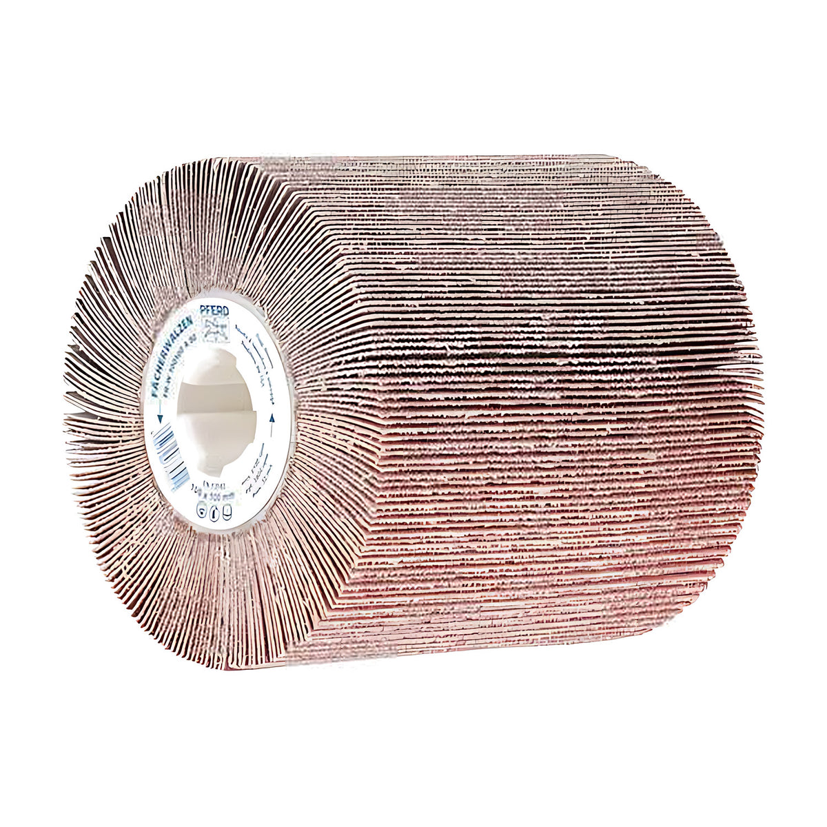 Pferd FR-W flap drum 100 x 100 mm, white hub label and square bore at left, darker brown flaps with a smooth drum face