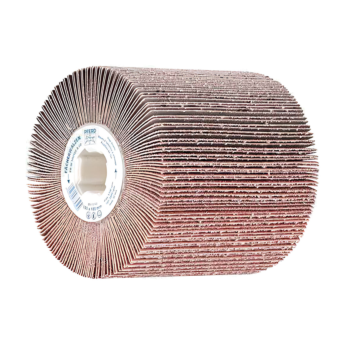 Pferd FR-W flap drum 100 x 100 mm, white hub label and square bore at left, mid red-brown flaps along the drum face