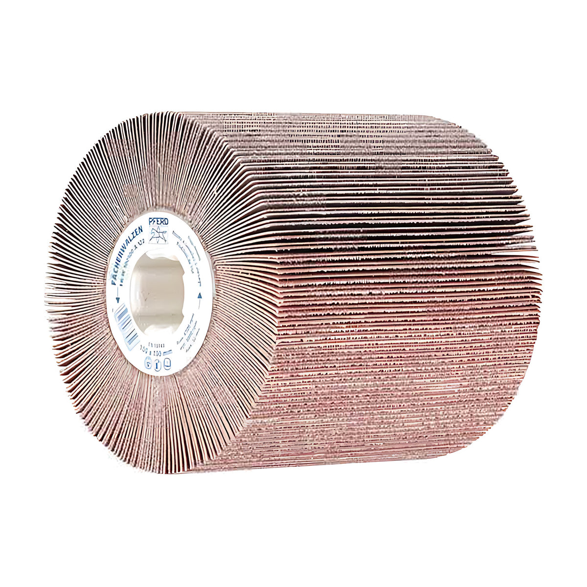 Pferd FR-W flap drum 100 x 100 mm, white hub label and square bore at left, lighter pink-brown flaps