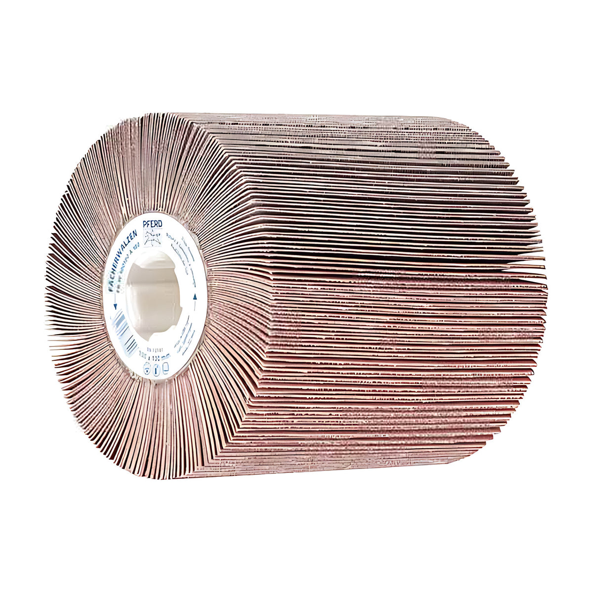 Pferd FR-W flap drum 100 x 100 mm, turned slightly towards the viewer, white hub label and square bore, pale pink-brown flaps
