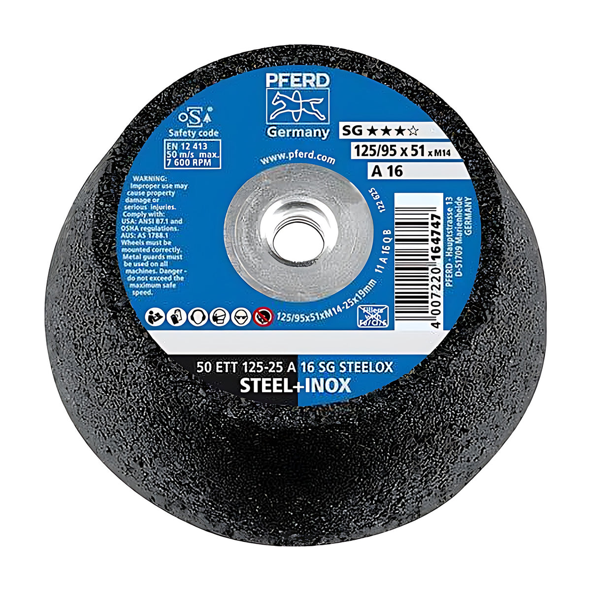 Pferd SG STEELOX conical cup wheel 125/95 x 51 mm, grit A 16, black stone with blue PFERD label and metal flange insert at the centre