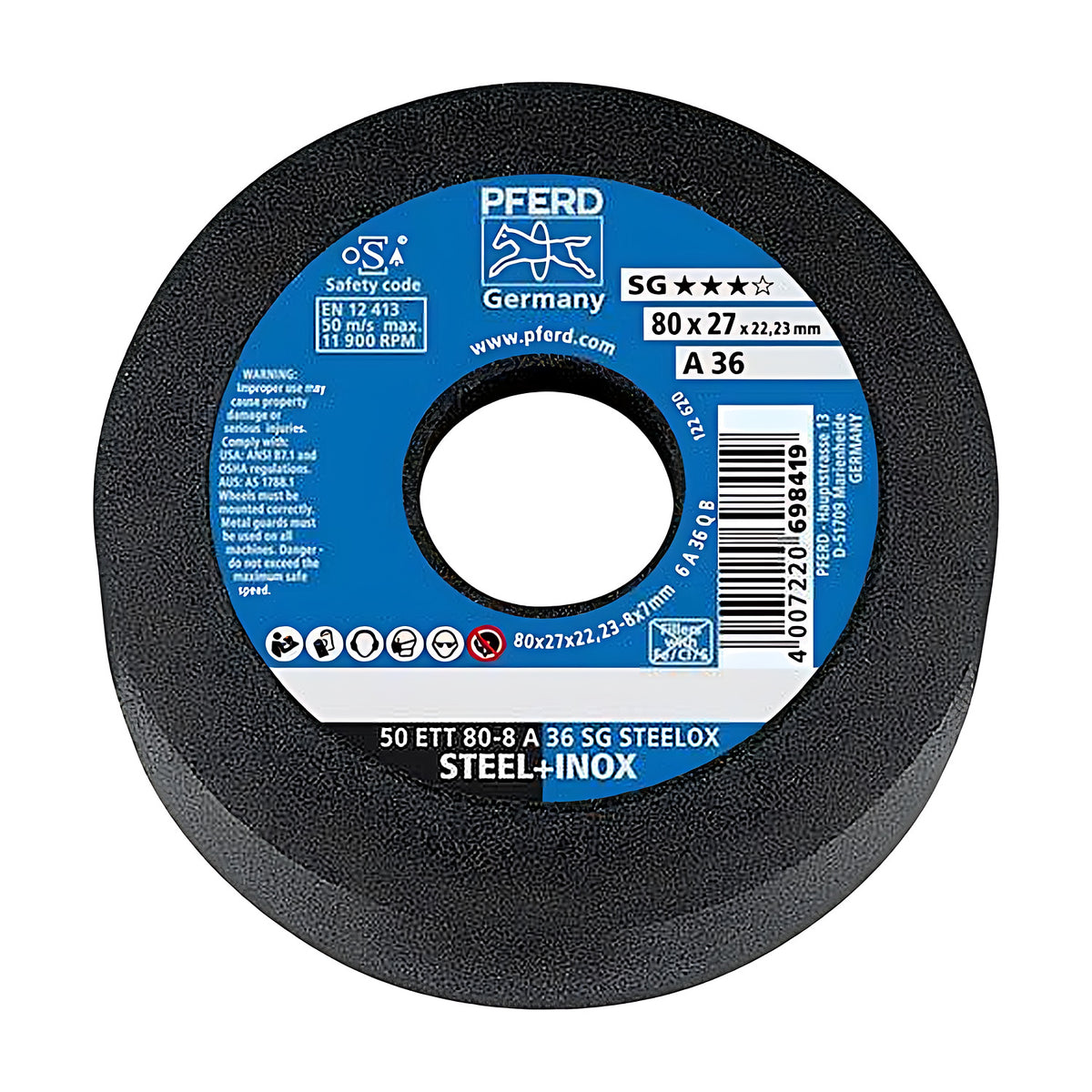 Pferd SG STEELOX cylindrical cup wheel 80 x 27 mm, grit A 36, black stone with blue PFERD label reading STEEL+INOX, angled view