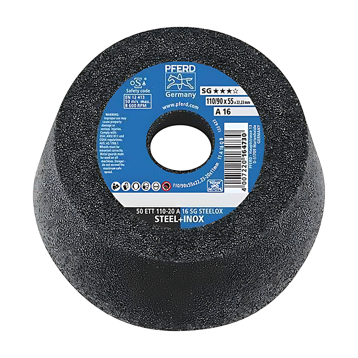 Pferd SG STEELOX conical cup wheel 110/90 x 55 mm, grit A 16, black stone with blue PFERD label reading STEEL+INOX, angled view