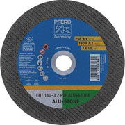 Pferd EHT 180-3,2 PSF ALU+STONE flat cut-off wheel, 180 x 3.2 mm, black mesh-edged disc with blue label and green ALU+STONE band