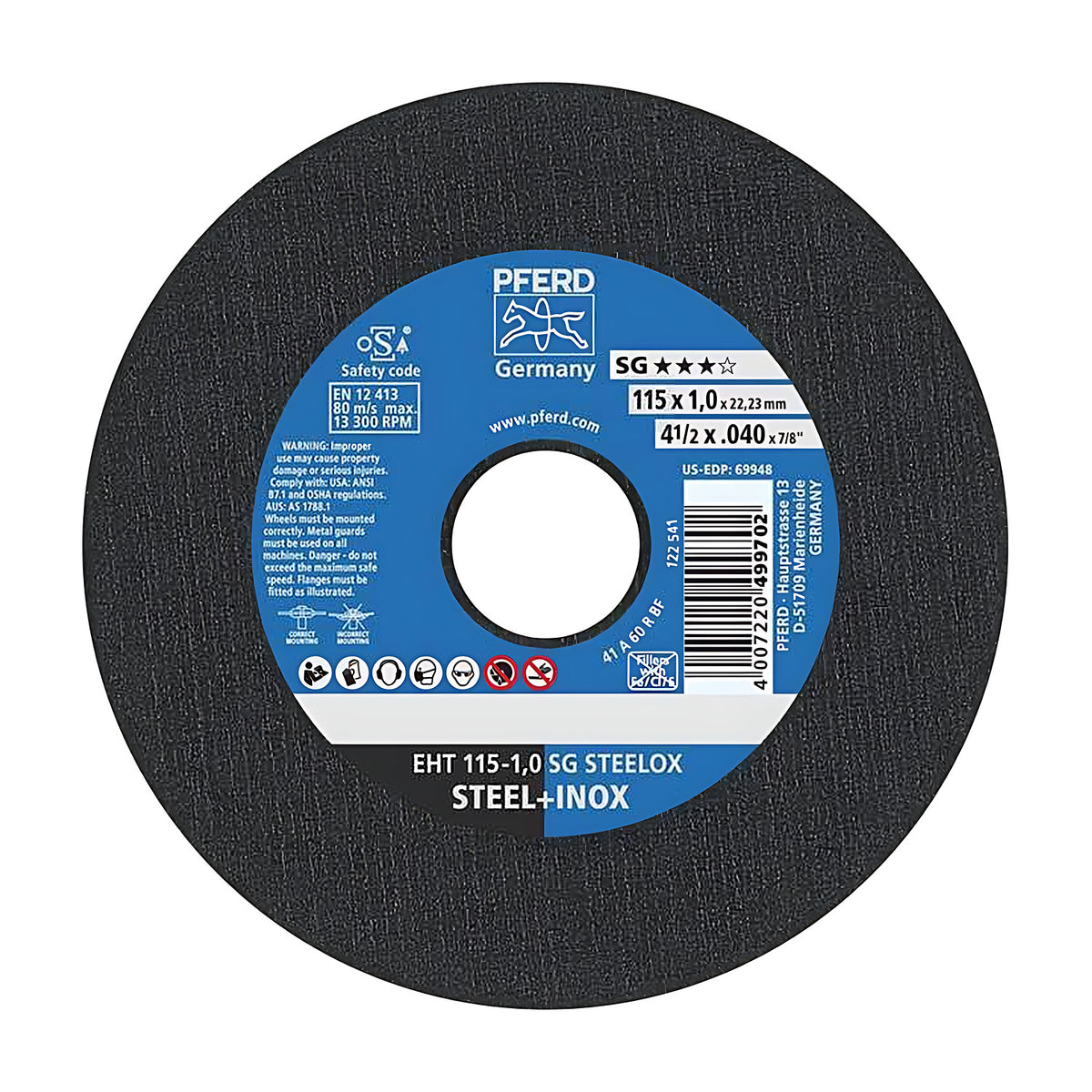 Pferd EHT 115-1,0 SG STEELOX flat cut-off wheel, 115 x 1.0 mm, black disc with blue PFERD label and STEEL+INOX text