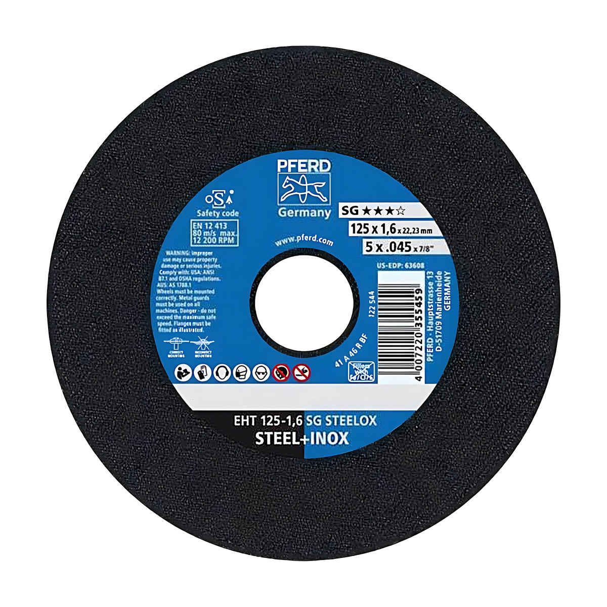 Pferd EHT 125-1,6 SG STEELOX flat cut-off wheel, 125 x 1.6 mm, black disc with blue PFERD label and STEEL+INOX text