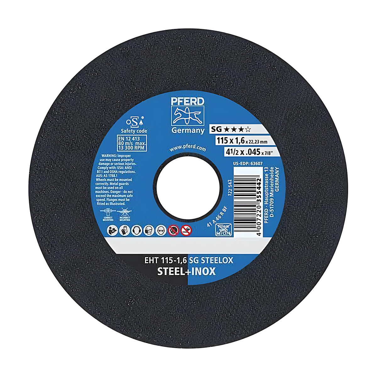 Pferd EHT 115-1,6 SG STEELOX flat cut-off wheel, 115 x 1.6 mm, black disc with blue PFERD label and STEEL+INOX text