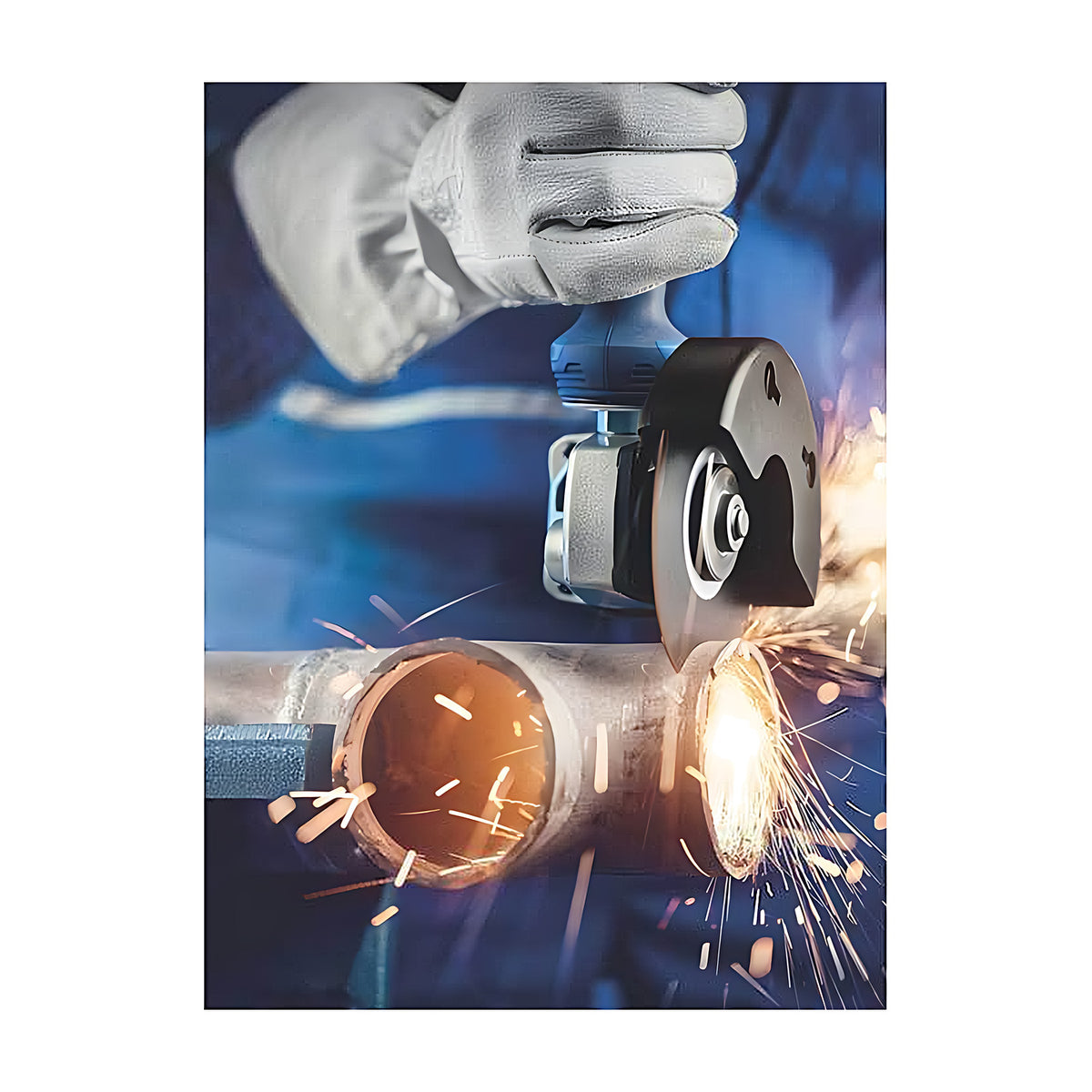 Pferd thin SG Steelox cut-off wheel on an angle grinder, gloved operator cutting a steel pipe with glowing sparks, 115 to 230 mm range
