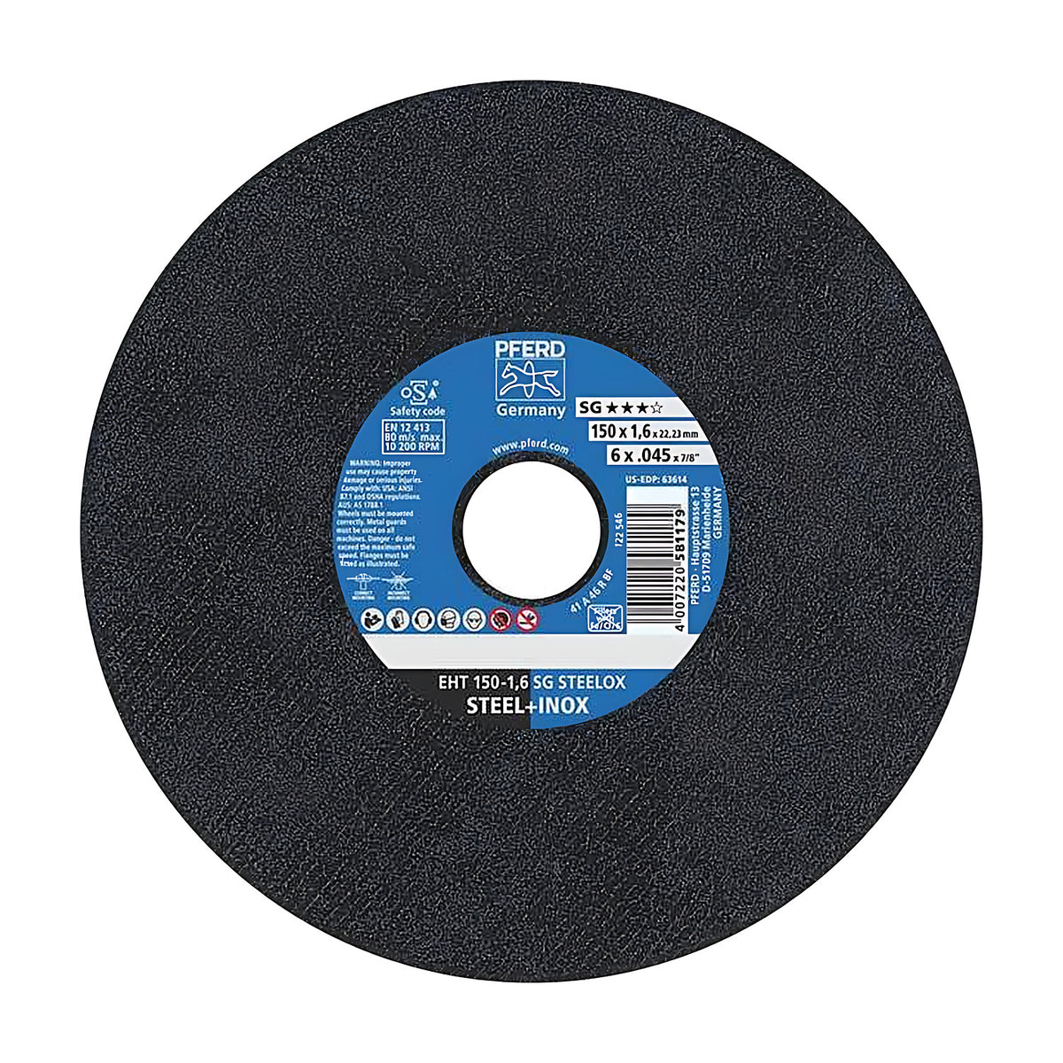 Pferd EHT 150-1,6 SG STEELOX flat cut-off wheel, 150 x 1.6 mm, black disc with small blue PFERD label and STEEL+INOX text