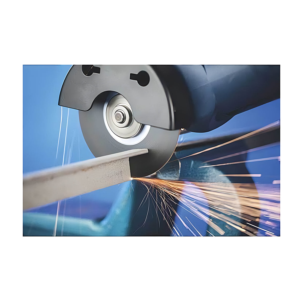 Pferd thin SG Steelox cut-off wheel on an angle grinder, cutting a flat steel bar with sparks, 115 to 230 mm range